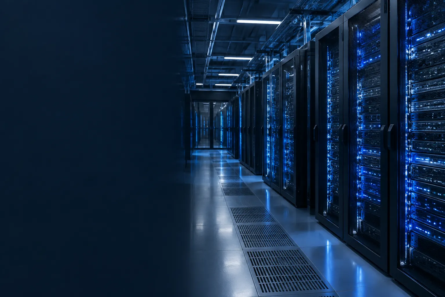 Filas de racks de servidores iluminados en azul dentro de un centro de datos.
