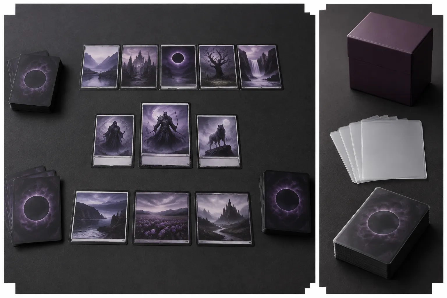 A play-ready card layout beside a deck box, sleeves, and a stacked deck.