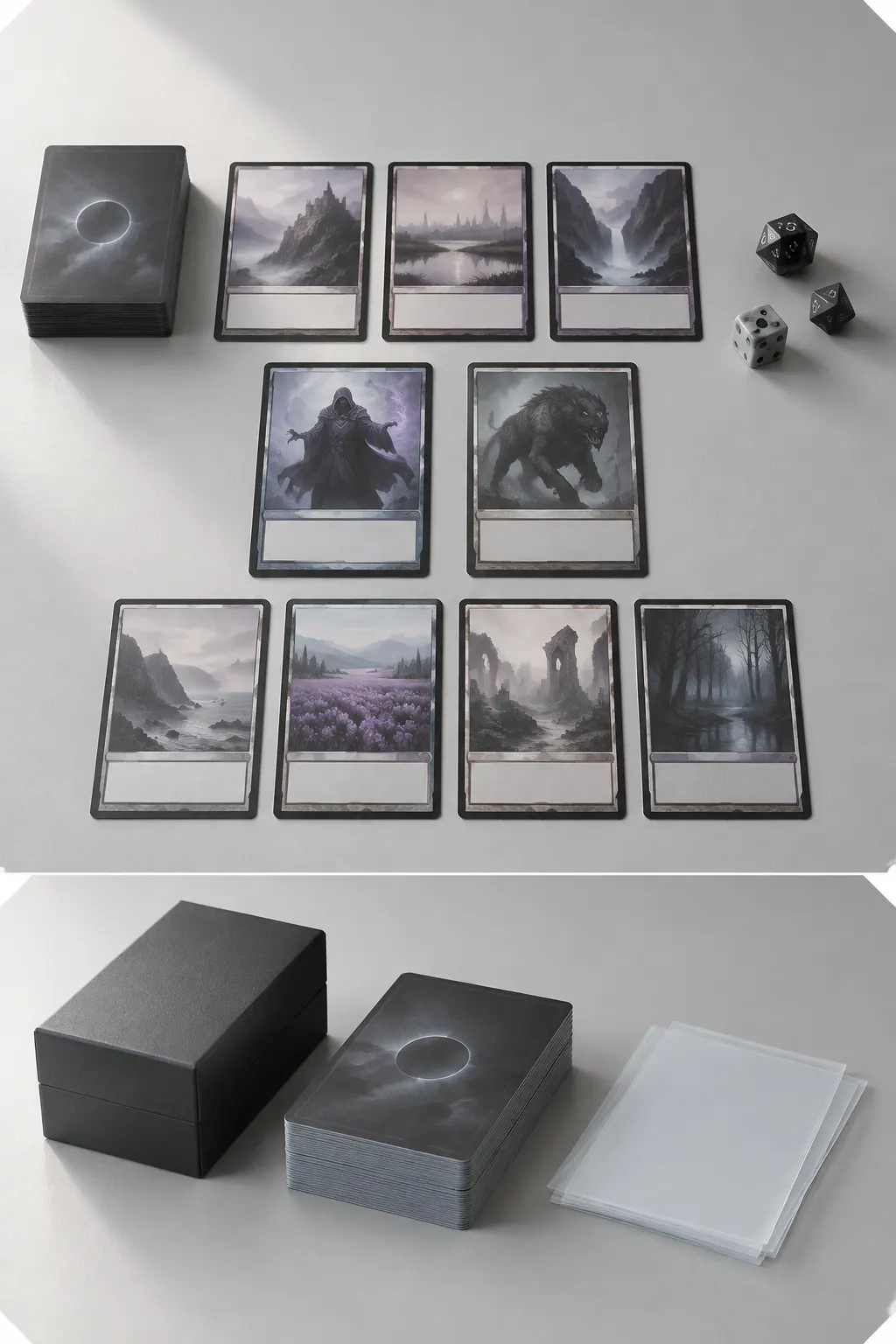 Trading cards arranged for play above a deck box, stacked deck, and blank sleeves.