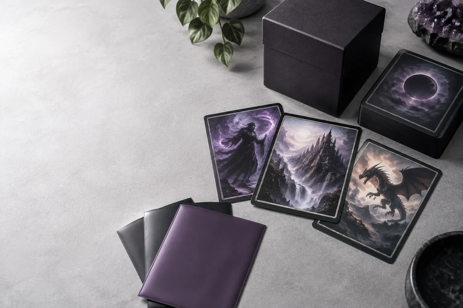 Trading cards, plain sleeves, and a dark deck box arranged on a gray tabletop.