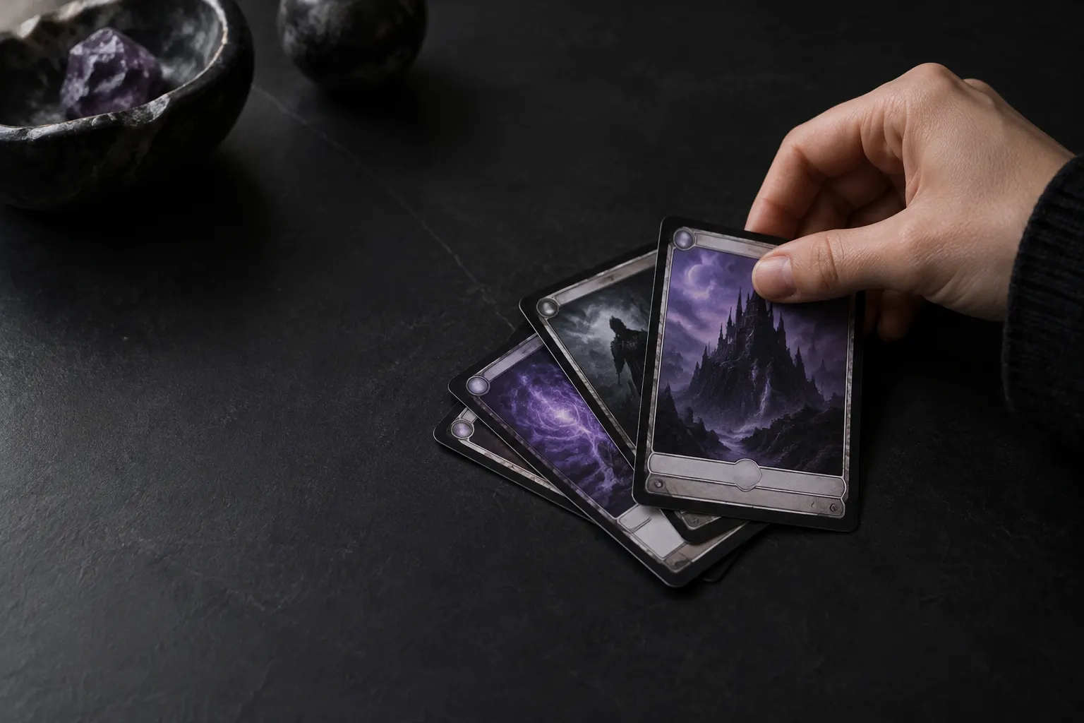 A hand sorting a small fan of trading cards against a dark tabletop.