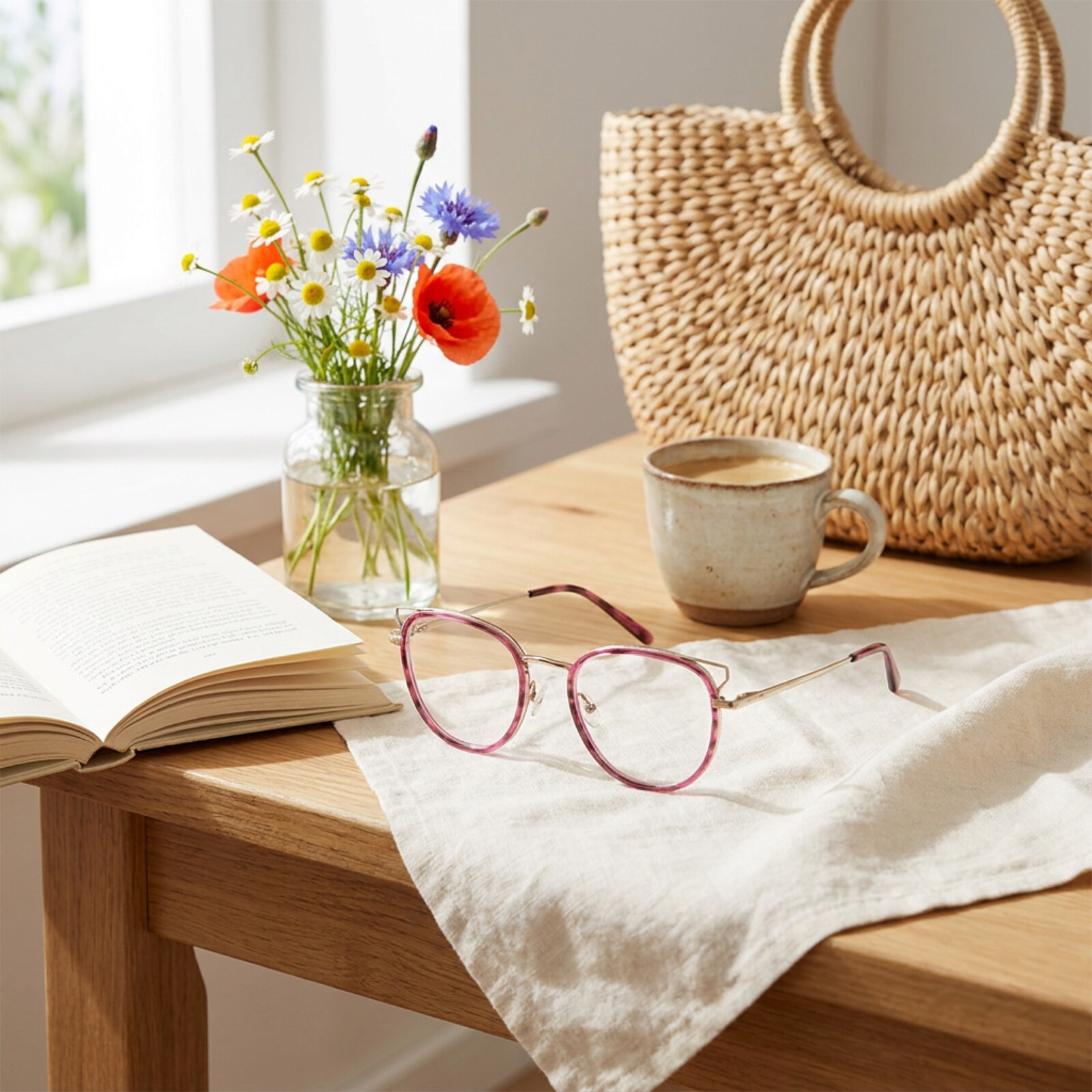 Lentes Mood de marco rosado sobre una mesa de madera, junto a flores y un café