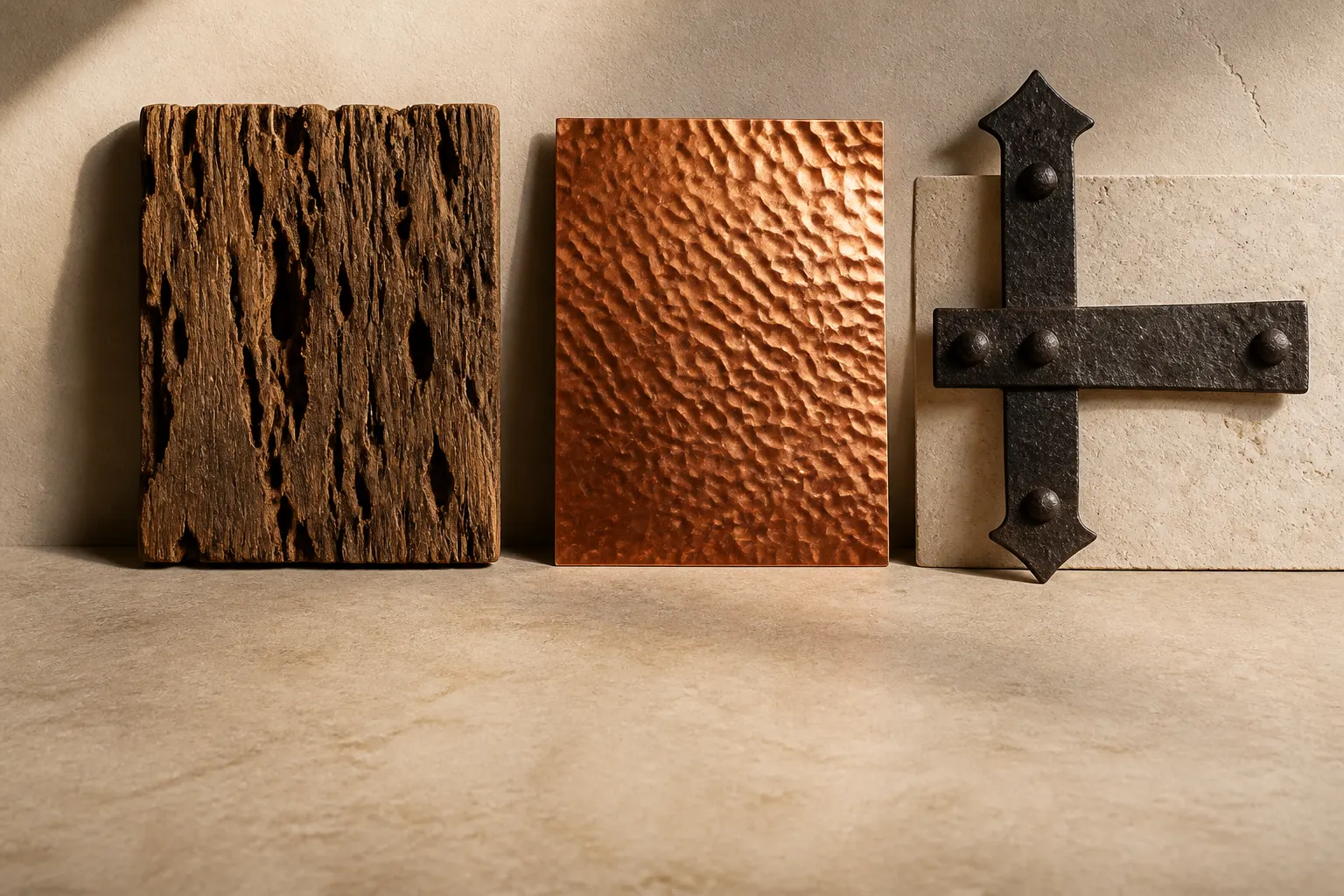 Tres detalles artesanales: madera apolillada, cobre martillado y herraje negro.