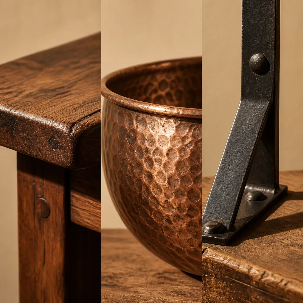 Tríptico de detalles de madera marcada, cobre trabajado y herraje negro artesanal.