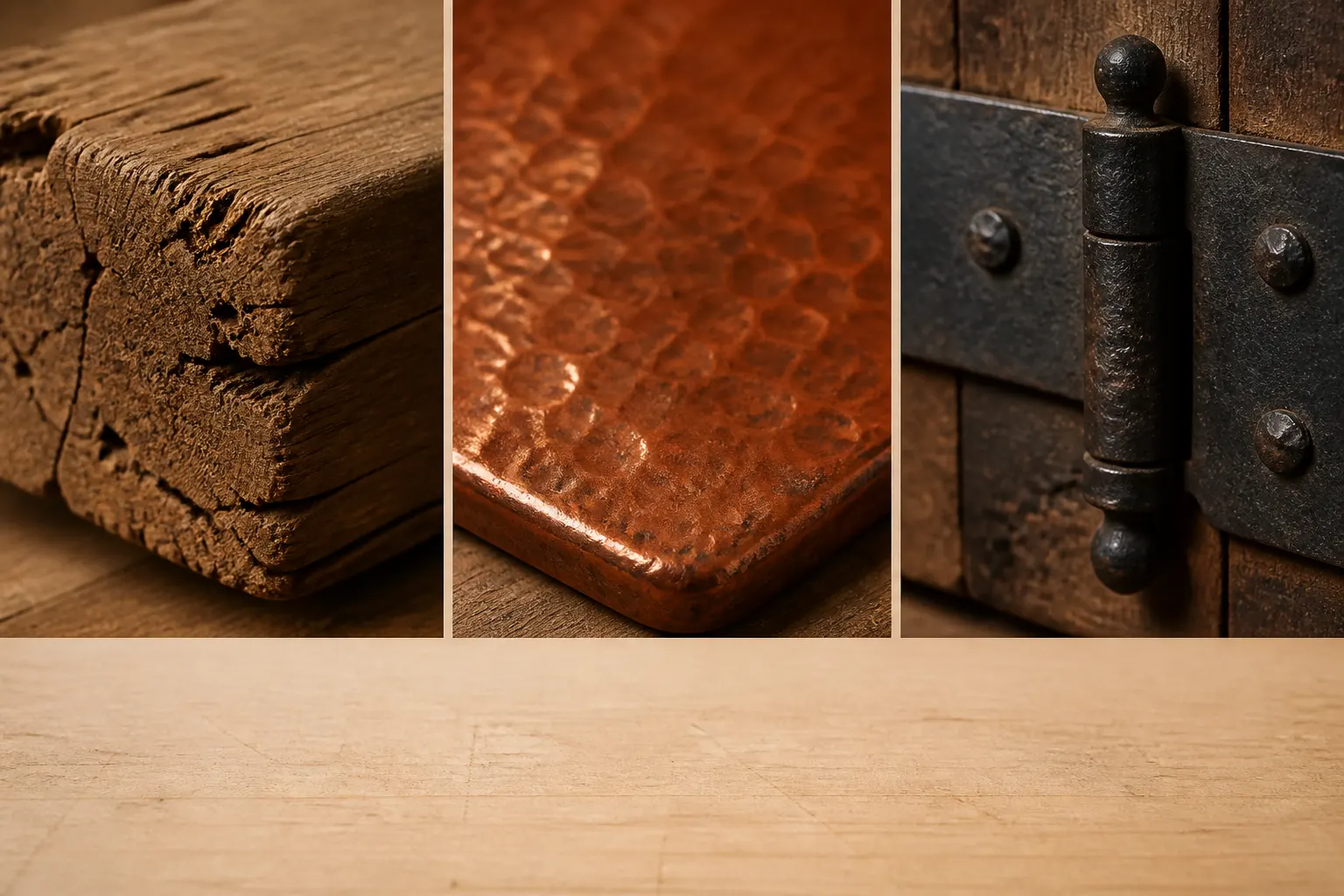 Primeros planos de madera envejecida, cobre martillado y una bisagra de hierro negro.