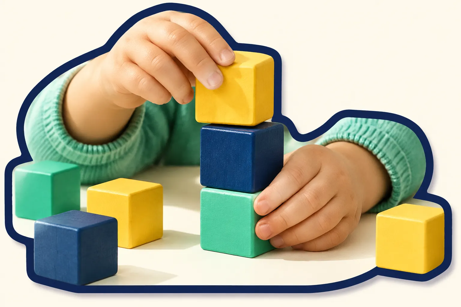 A child’s hands stack colorful wooden blocks on a light surface.