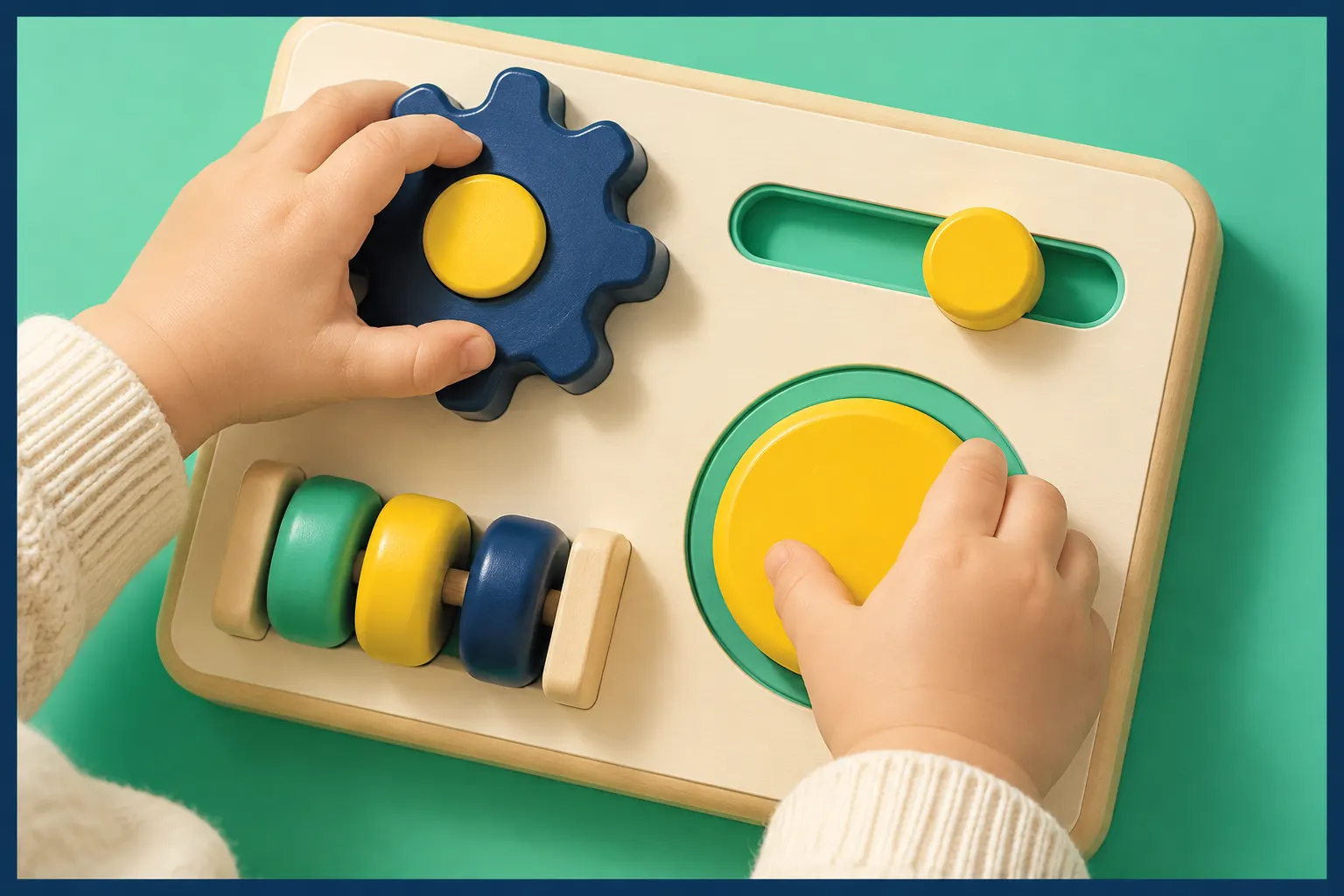 A child’s hands explore the large knobs and shapes on a colorful activity board.
