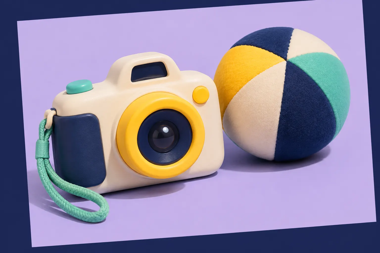 A small colorful toy camera and soft ball on a lilac background.