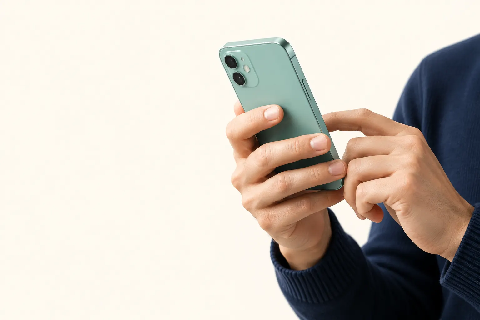 An adult holds a smartphone with its screen showing no readable content.