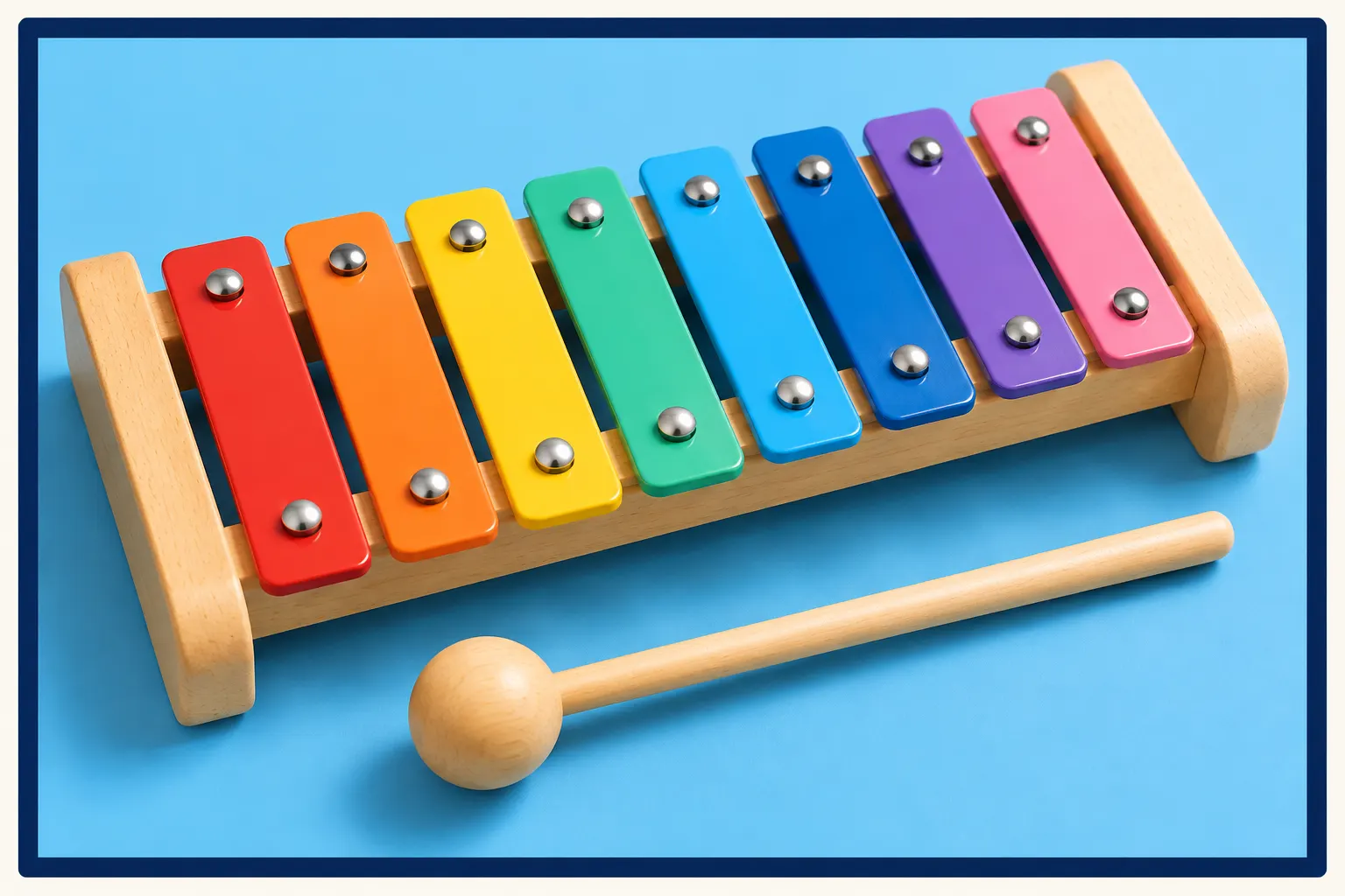 A colorful toy xylophone and wooden mallet arranged on a blue background.