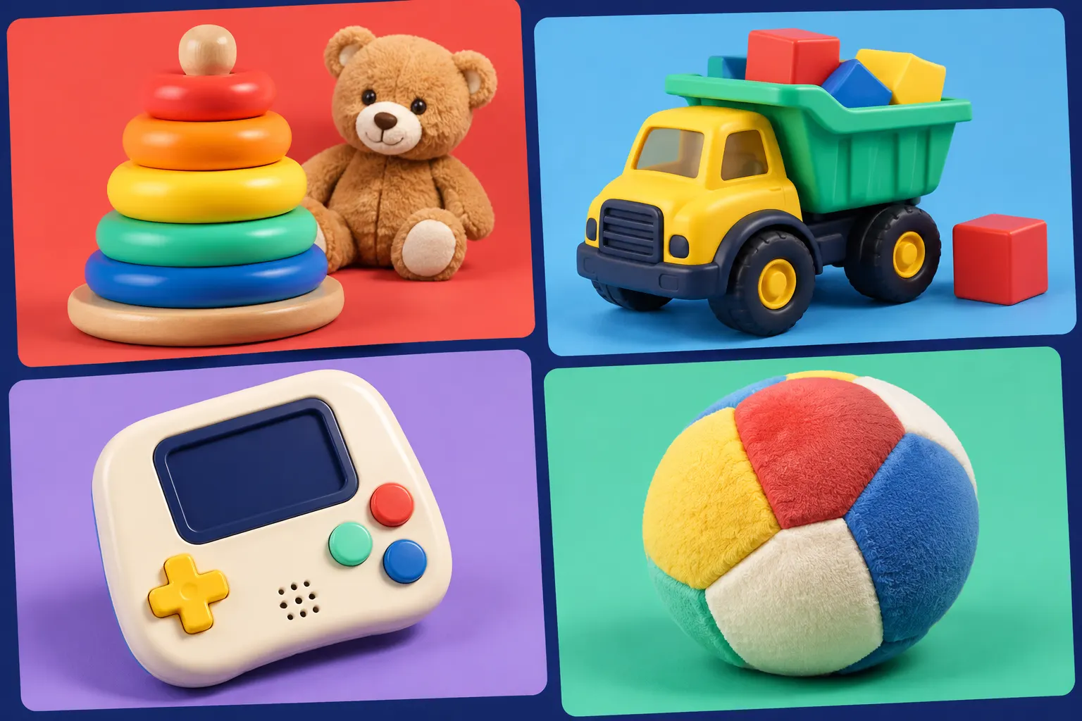 A collage of colorful stacking rings, a toy vehicle, a handheld gadget, and a soft ball on bright solid-color backgrounds.
