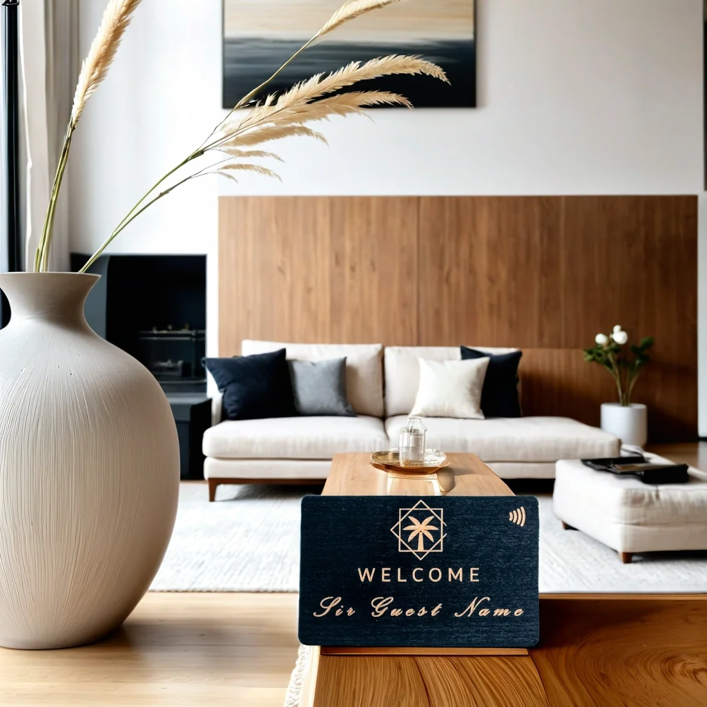 NFC black wood welcome card on hotel room table with contactless digital menu access 