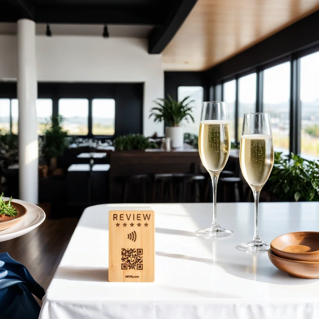 NFC review wood card on elegant restaurant table with QR code and contactless digital access 