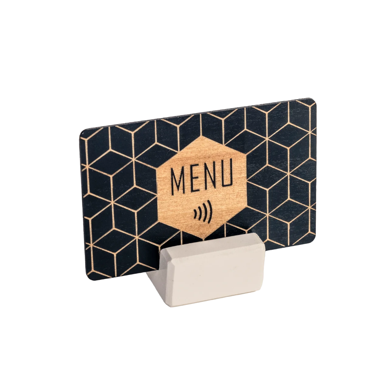 NFC menu card on wood table for contactless digital menu access 