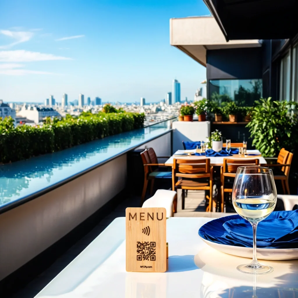 NFC menu card on poolside rooftop restaurant table with QR code and contactless digital menu access 