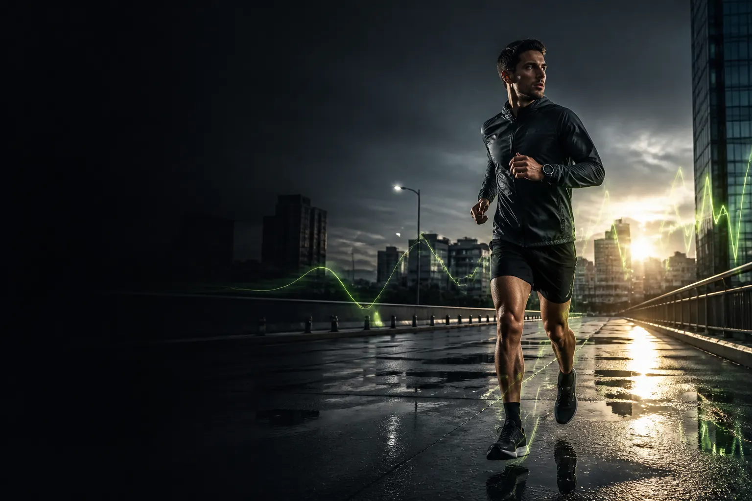 Corredor con smartwatch visible corriendo por una calle urbana mojada al amanecer, con reflejos verdes y fondo oscuro.