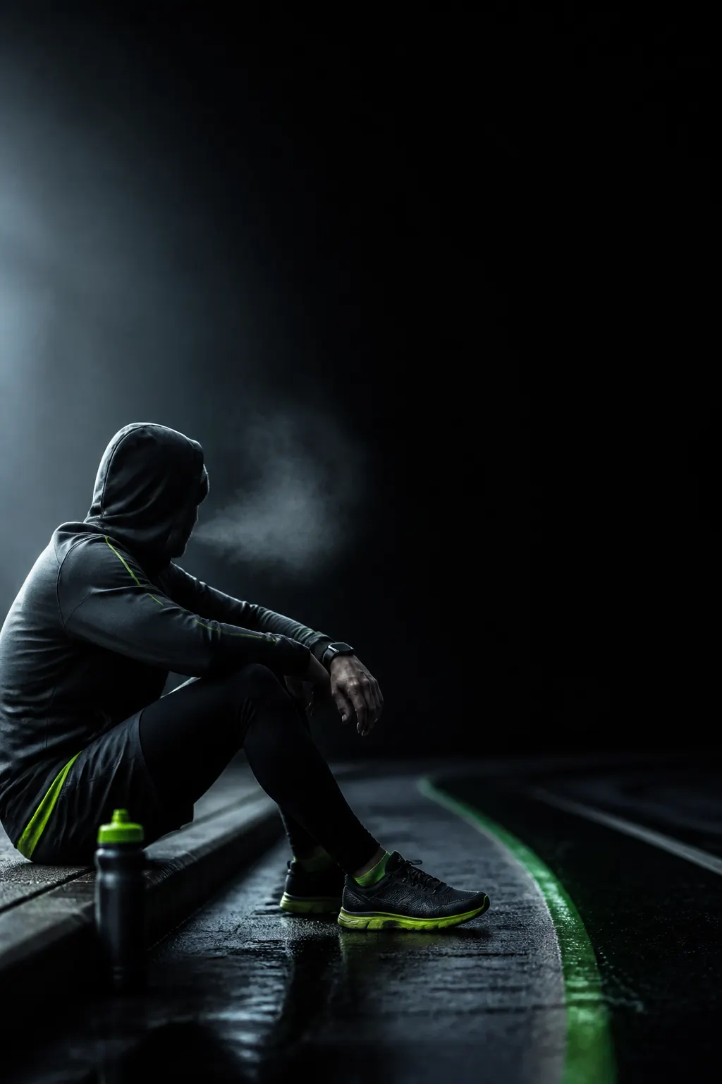 Deportista recuperándose junto a una pista urbana nocturna, con respiración visible y smartwatch en la muñeca.