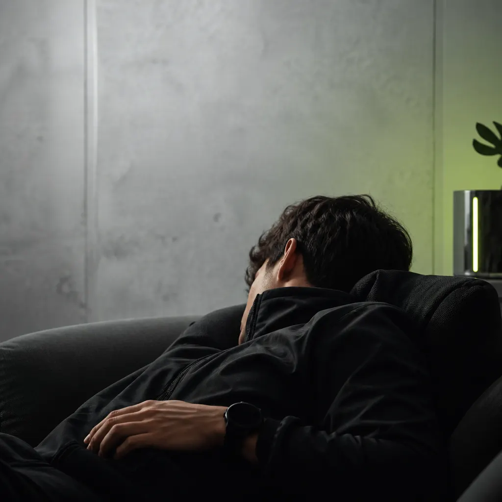 Atleta descansando de perfil con un smartwatch negro visible sobre una chaqueta en un ambiente oscuro.