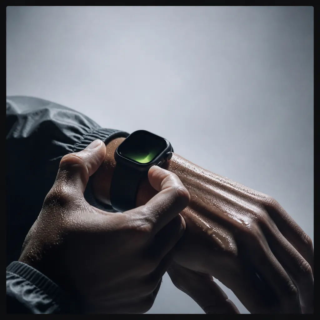 Primer plano de una muñeca ajustando un smartwatch negro durante un entrenamiento nocturno.
