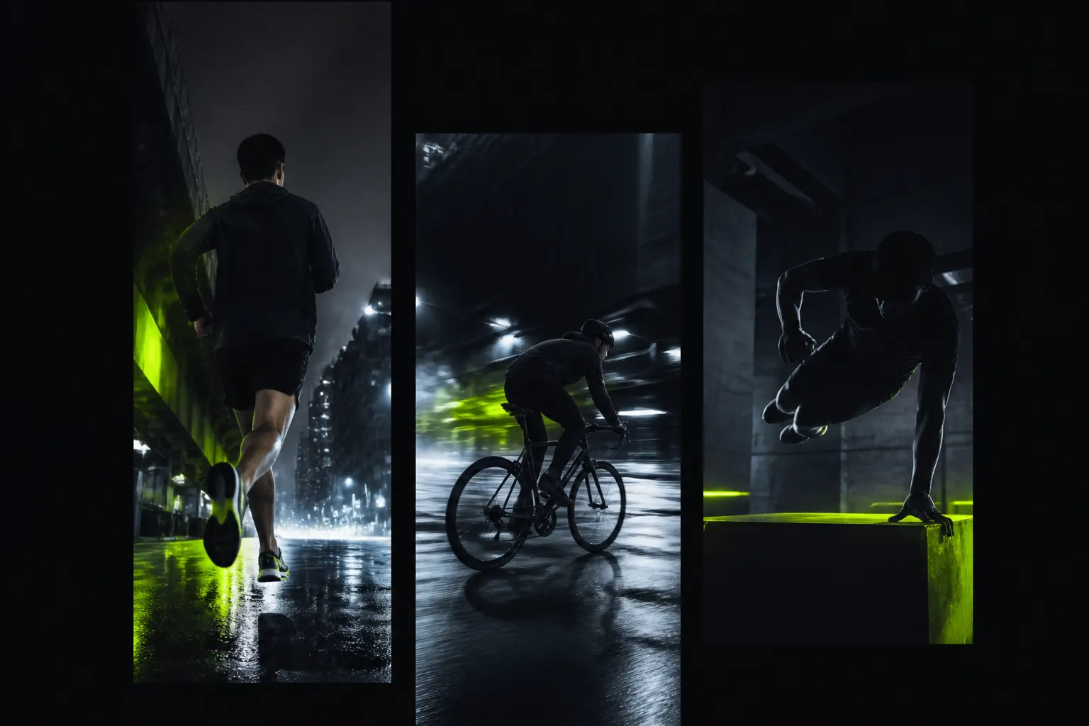 Tres escenas urbanas contiguas muestran correr, ciclismo y entrenamiento funcional bajo luces nocturnas.