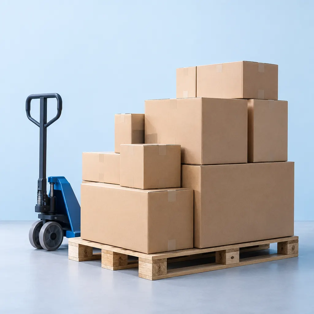 Cajas de cartón sin marcas agrupadas sobre un pallet junto a una carretilla manual.