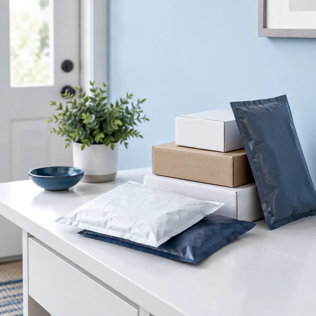 Pequeñas cajas y sobres acolchados lisos agrupados sobre una mesa de recepción.