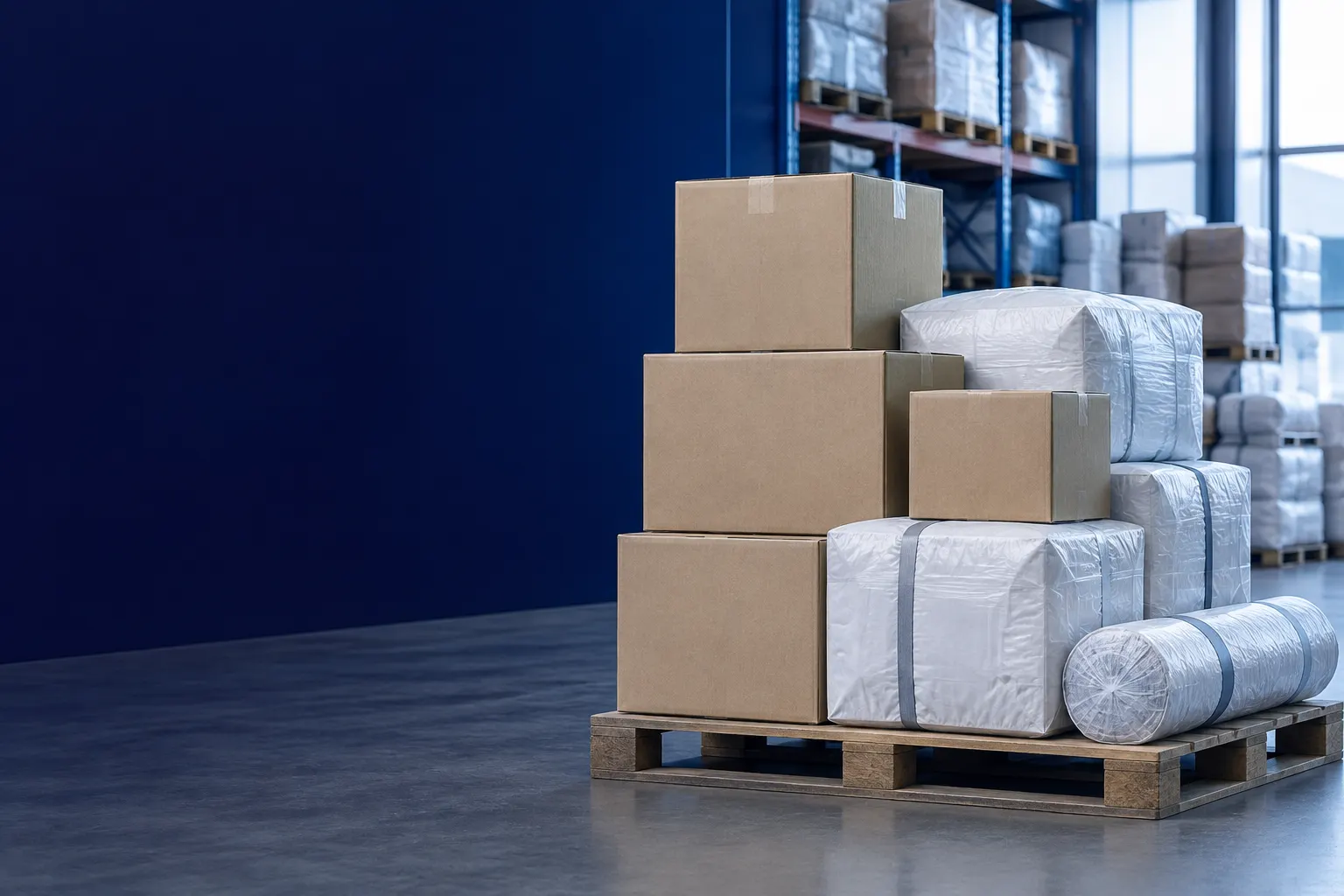 Cajas lisas y bultos envueltos agrupados en un almacén para su despacho.