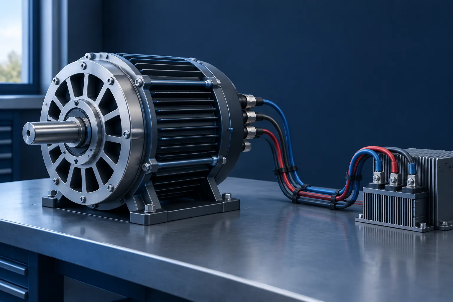 Permanent magnet generator with neatly arranged wiring on a workbench against a dark background.