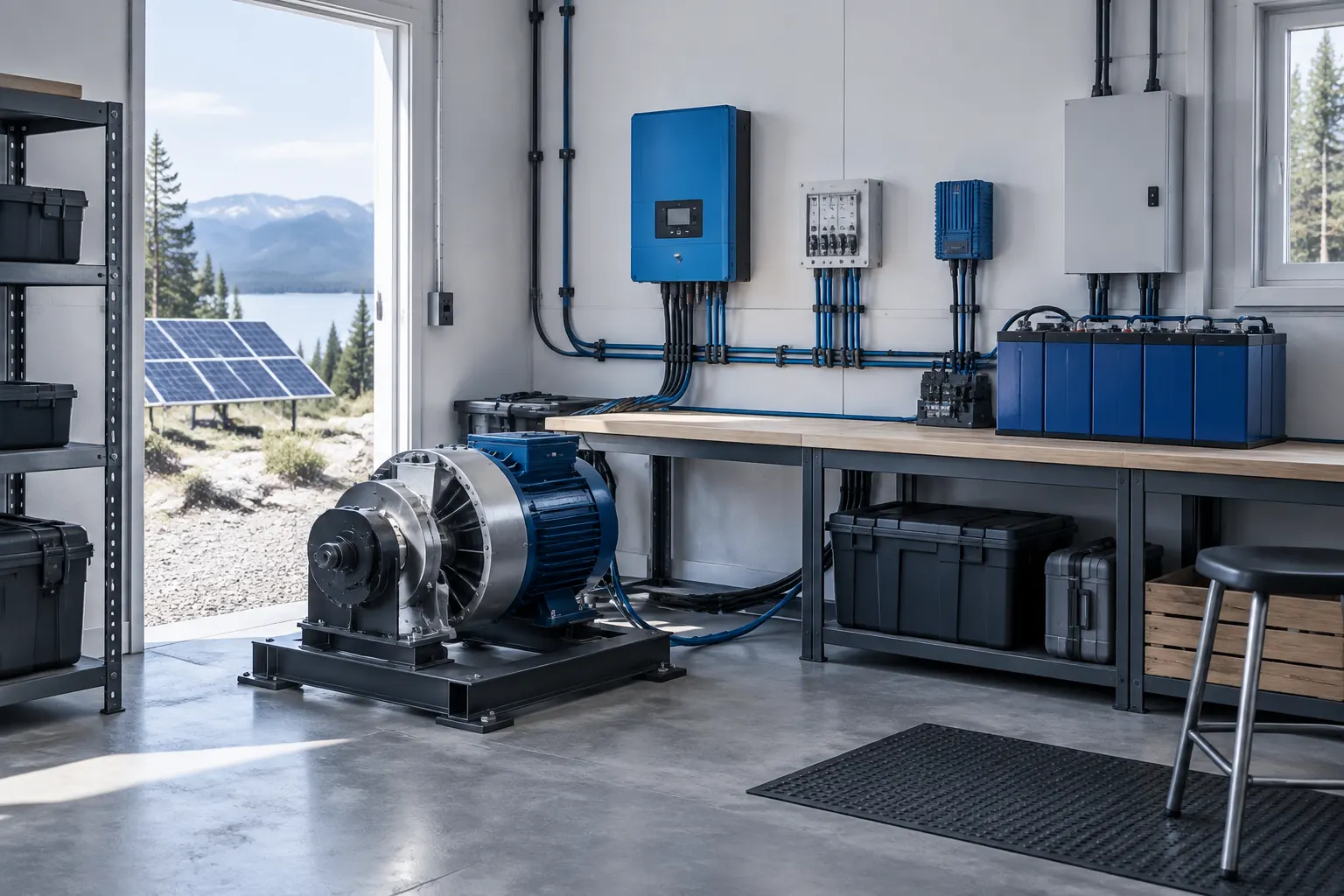 Generator and neatly routed wiring installed on a bench in an off-grid utility room.