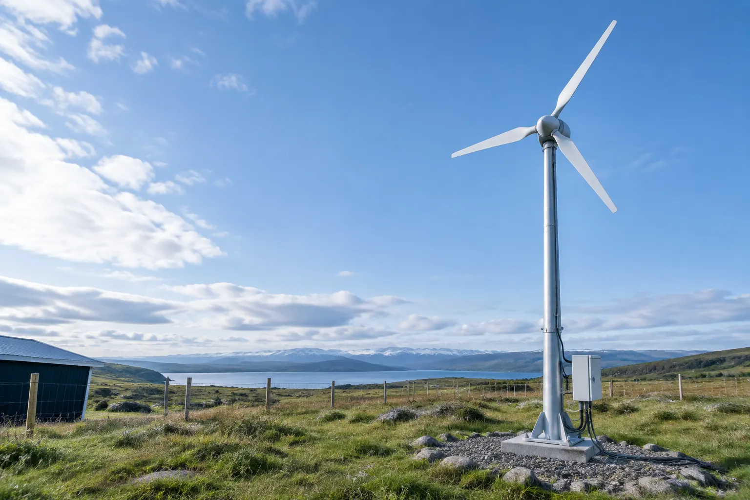 Small wind turbine standing over a grassy rural site with its base hardware visible.