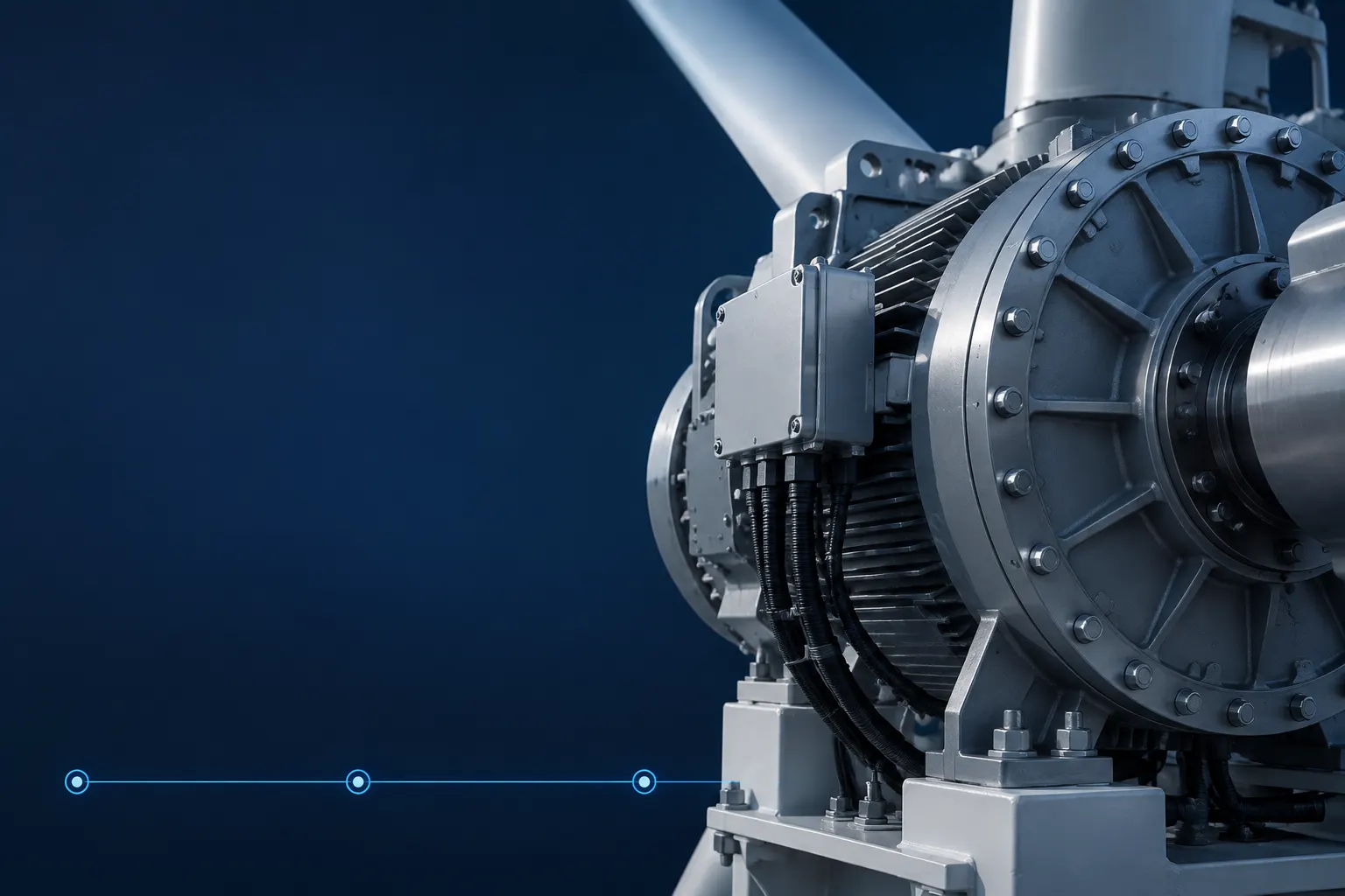 Close detail of a metal permanent magnet generator and wiring against a deep navy background.