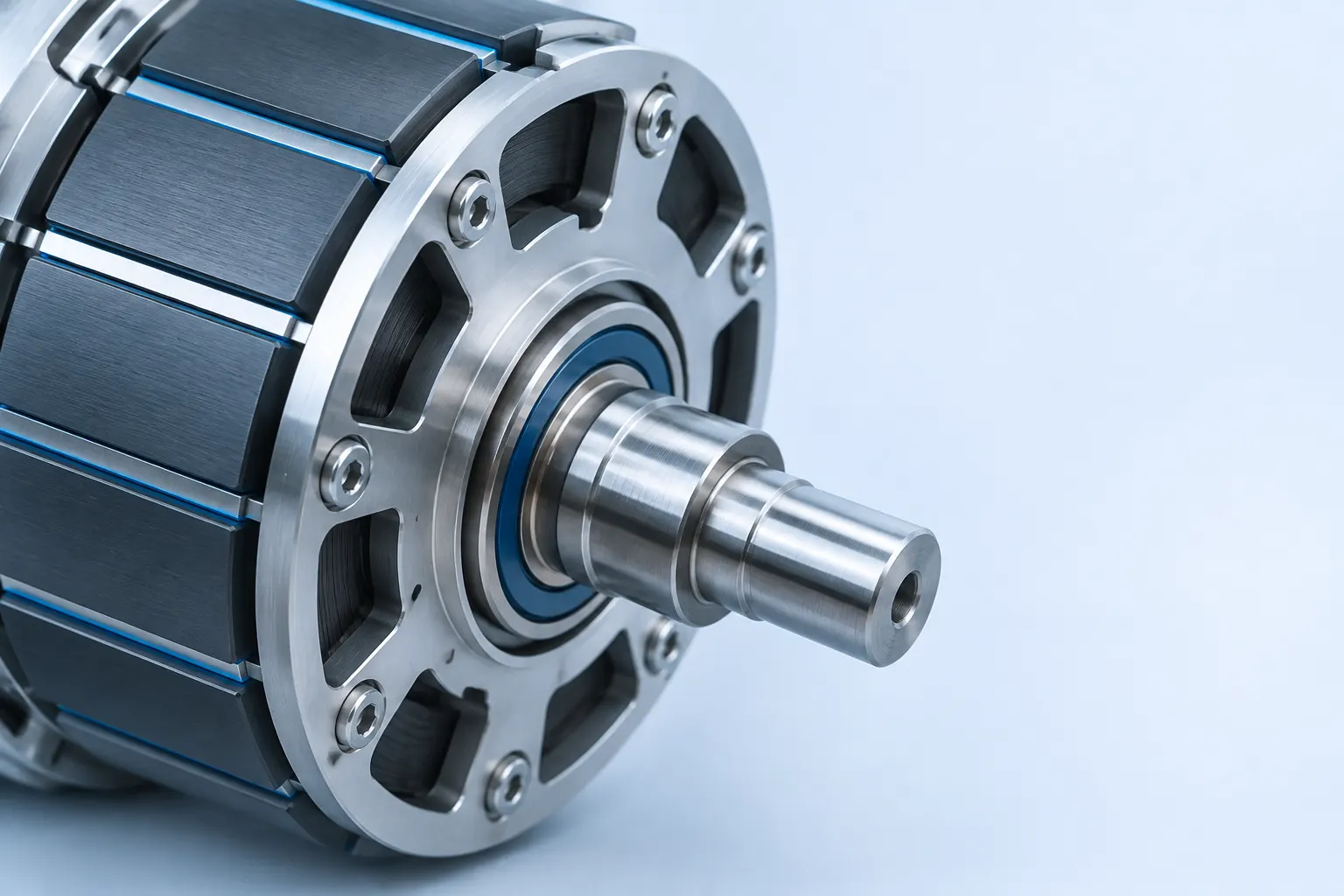 Machined generator rotor and shaft shown in close detail beside a pale blue field.