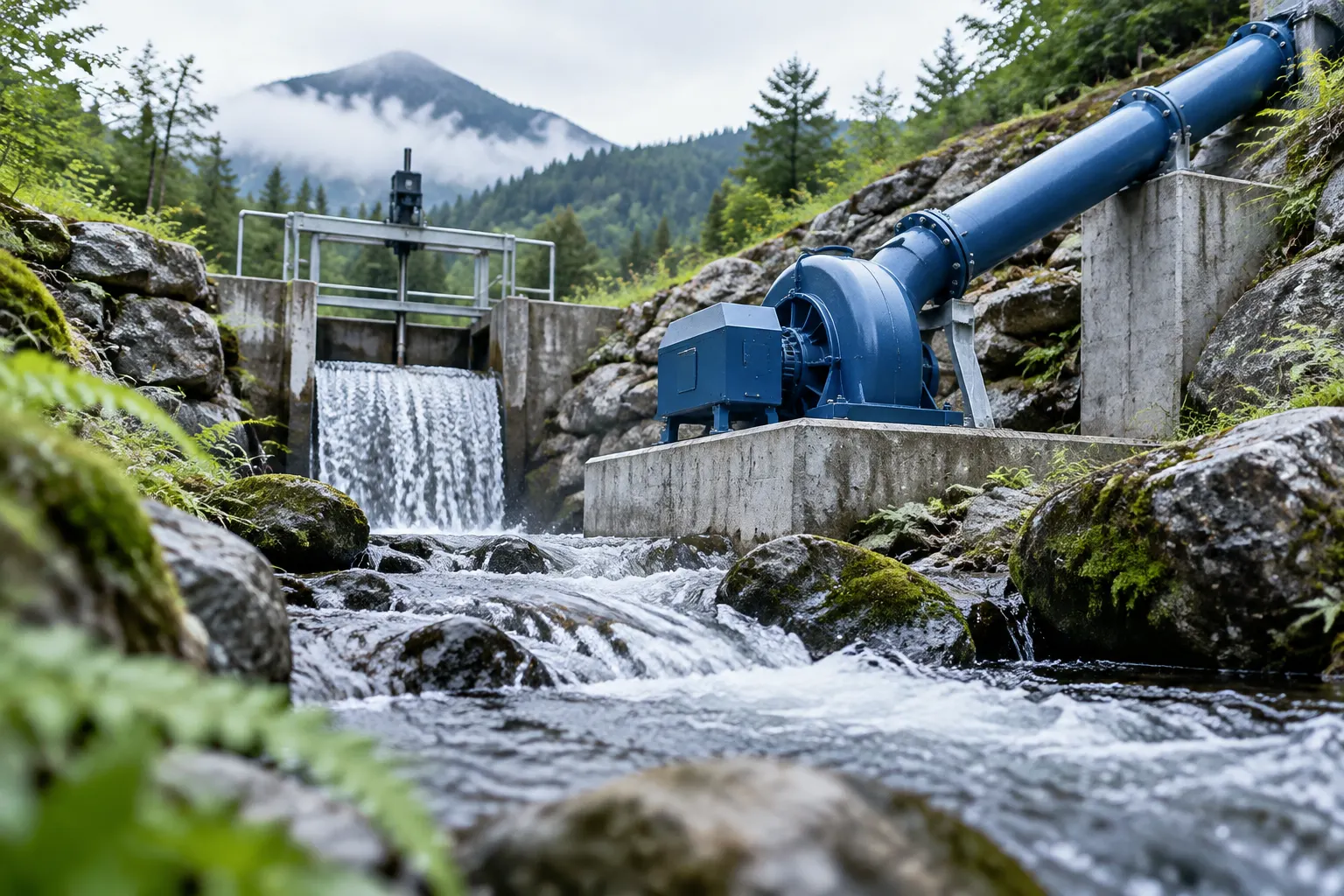 Compact hydro turbine and pipework beside a flowing stream.