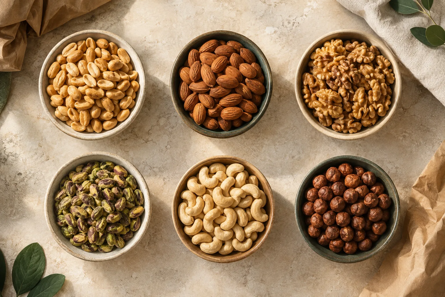 Selección de almendras, nueces, pistachos, castañas de cajú, avellanas y maní