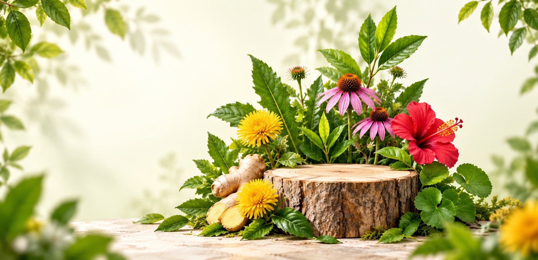 Ingredientes botánicos y pedestal natural
