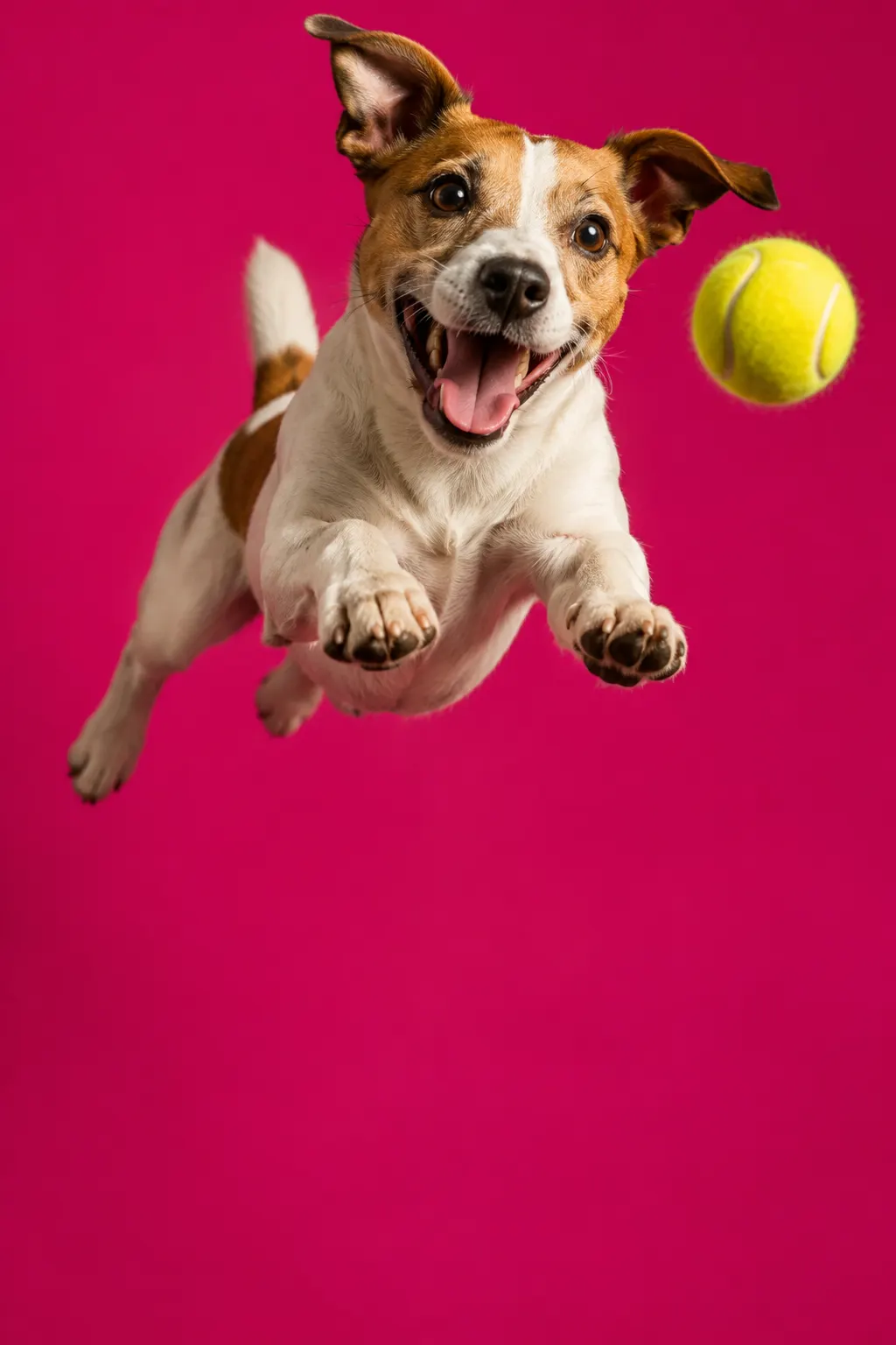 Un perro salta con entusiasmo junto a una pelota amarilla sobre un fondo fucsia.
