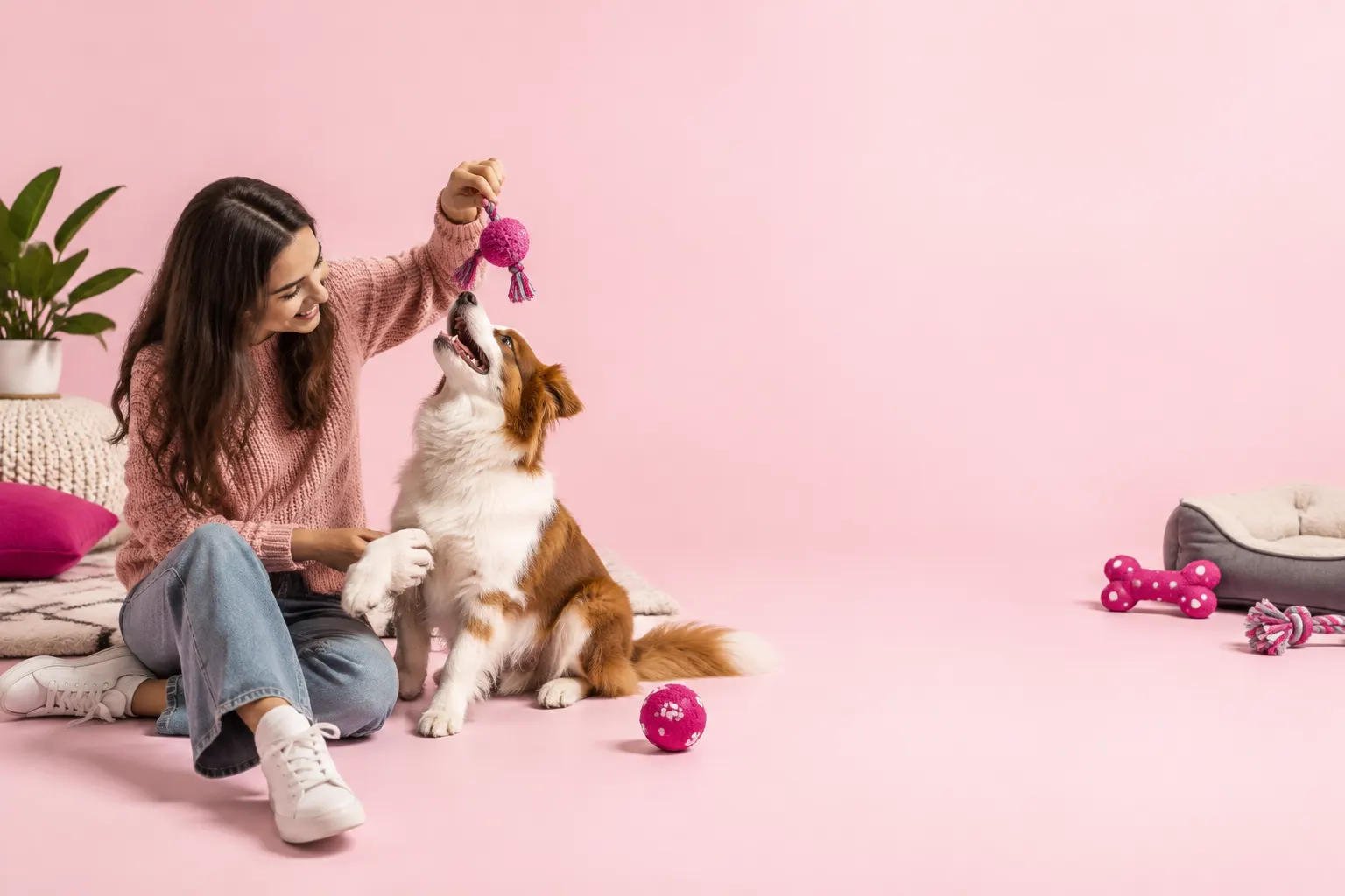 Una persona completamente vestida comparte un momento tranquilo de juego con un perro.