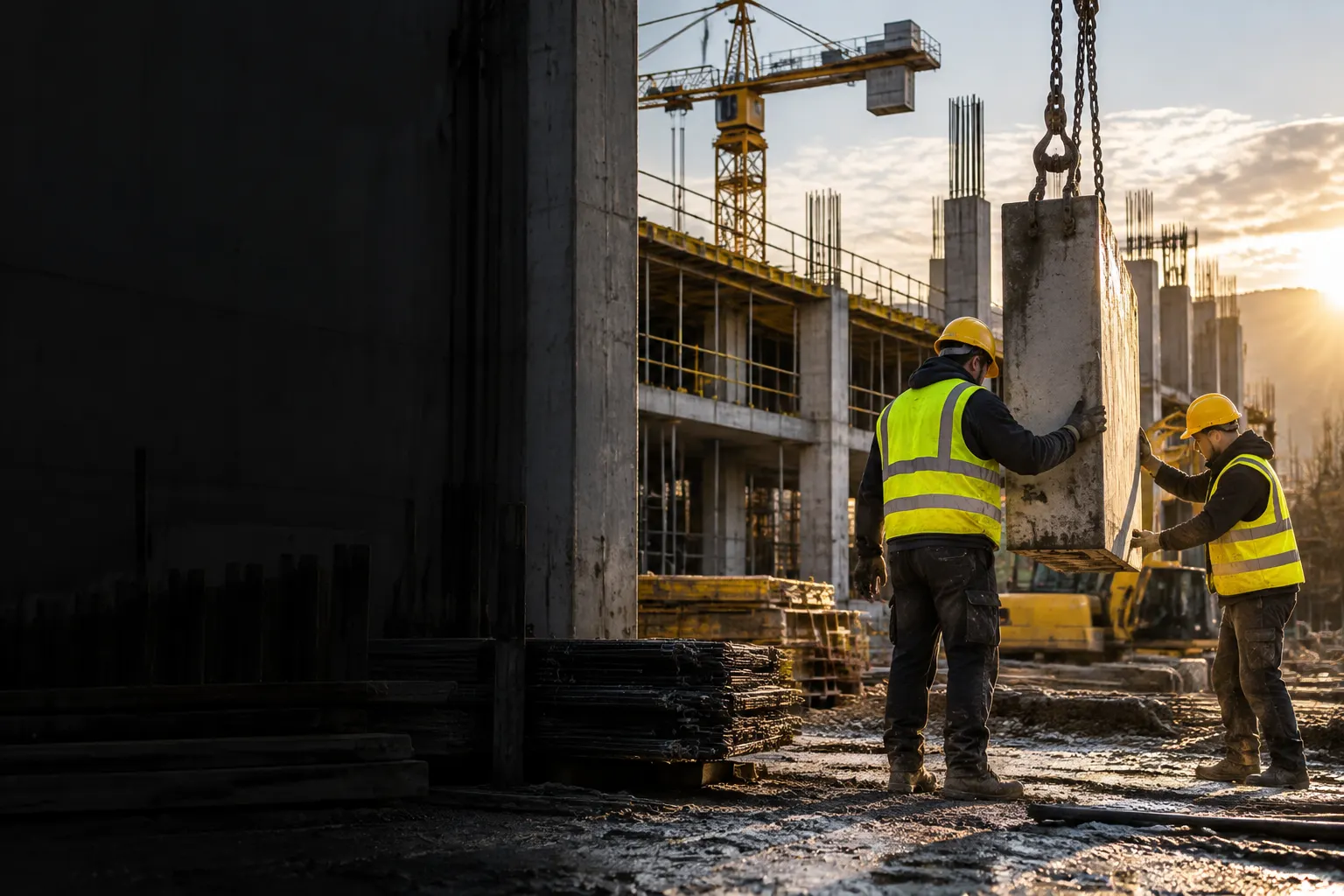 Trabajadores con equipo de protección en una obra de construcción, junto a maquinaria y estructuras.