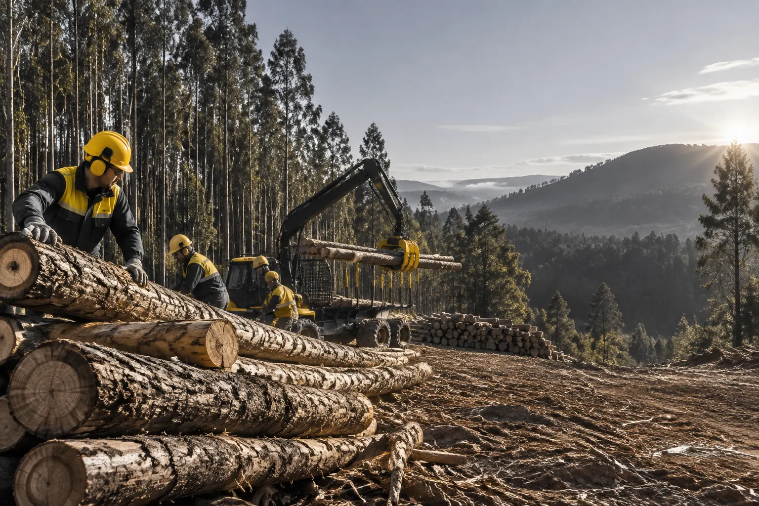 Trabajadores forestales equipados junto a troncos apilados en un claro boscoso.