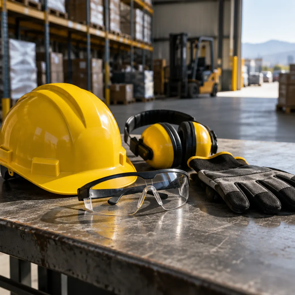 Casco, lentes, guantes y protección auditiva ordenados para preparación en una bodega.