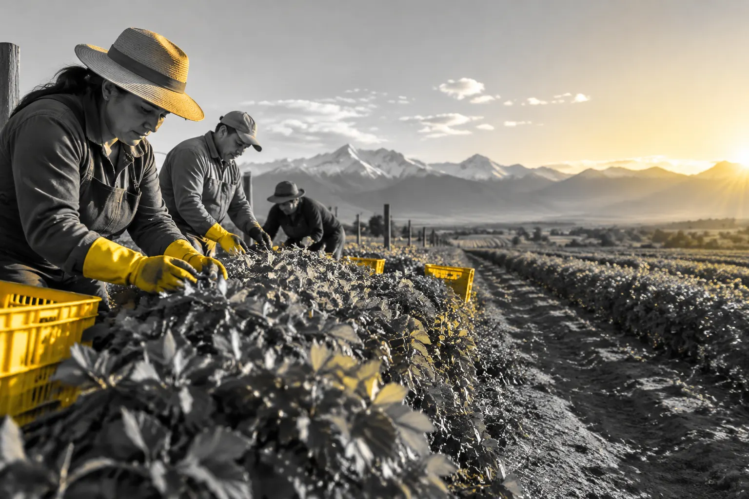 Trabajadores agrícolas con ropa de trabajo revisan hileras de cultivo al aire libre.