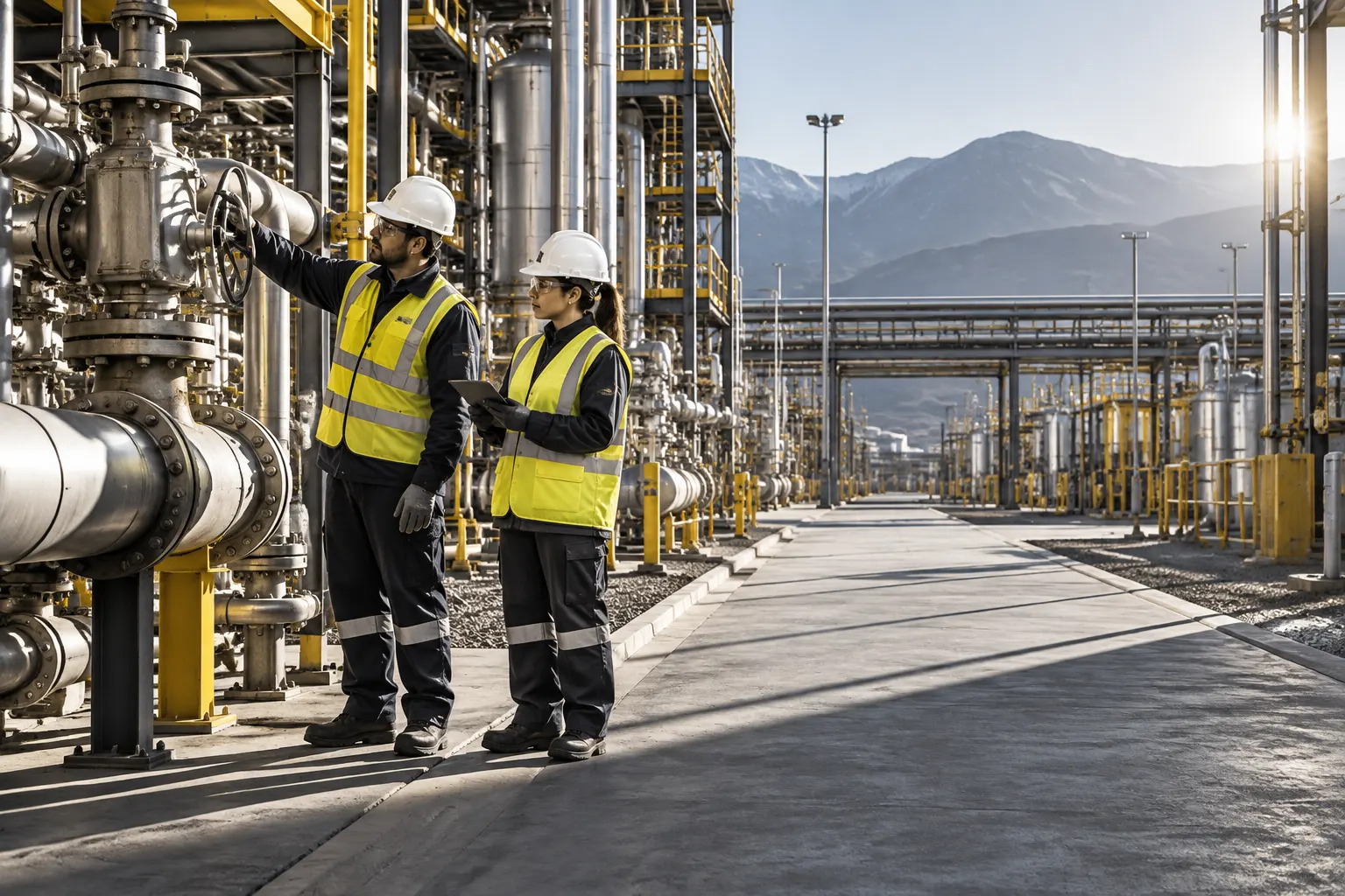 Trabajadores con equipo de protección revisan maquinaria en una planta industrial.