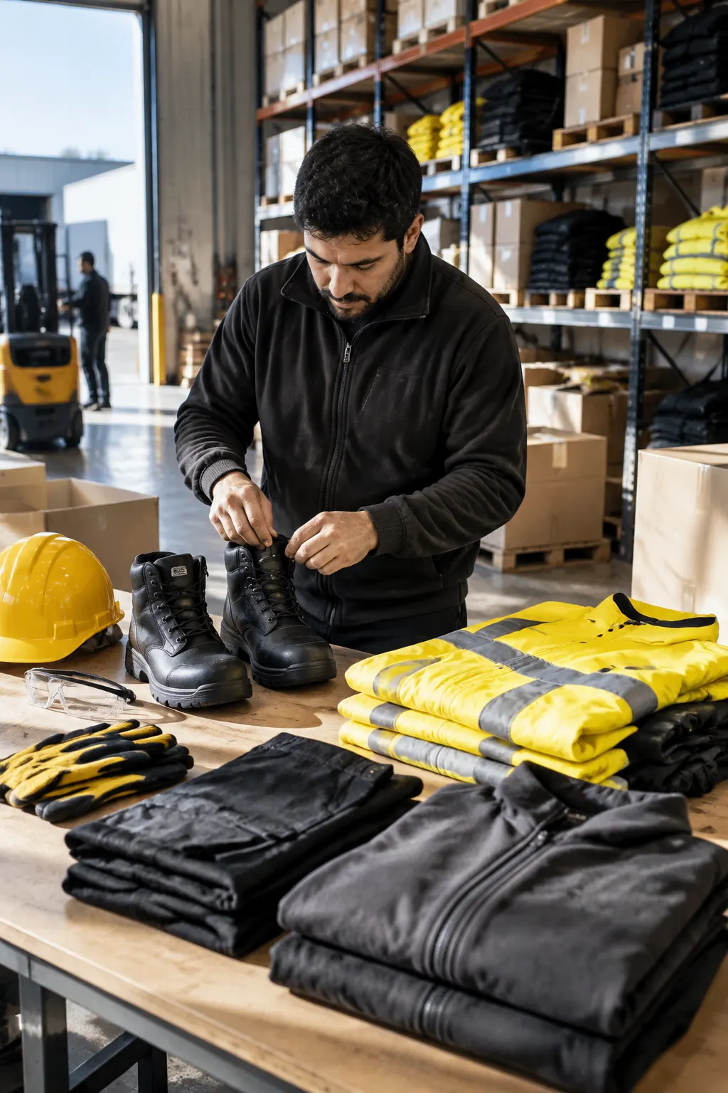 Preparación de botas, vestuario laboral y equipos de protección en una bodega.