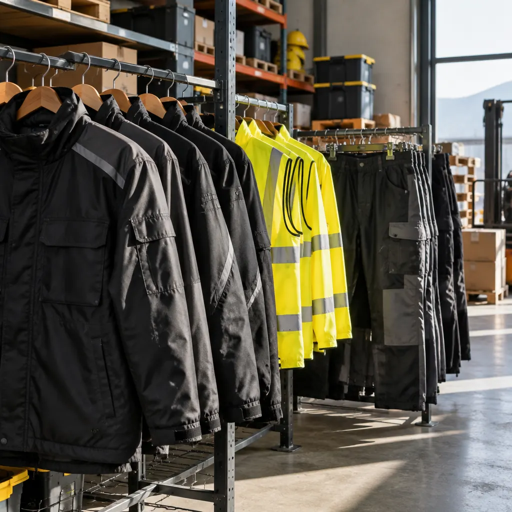 Chaquetas, pantalones y chalecos reflectantes sin marcas colgados en una bodega.