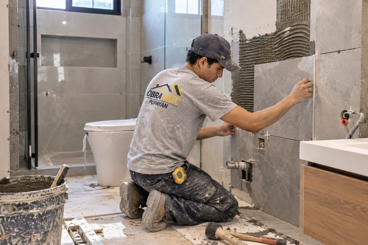 Trabajador instalando enchapes en la pared durante la remodelación de un baño en Popayán