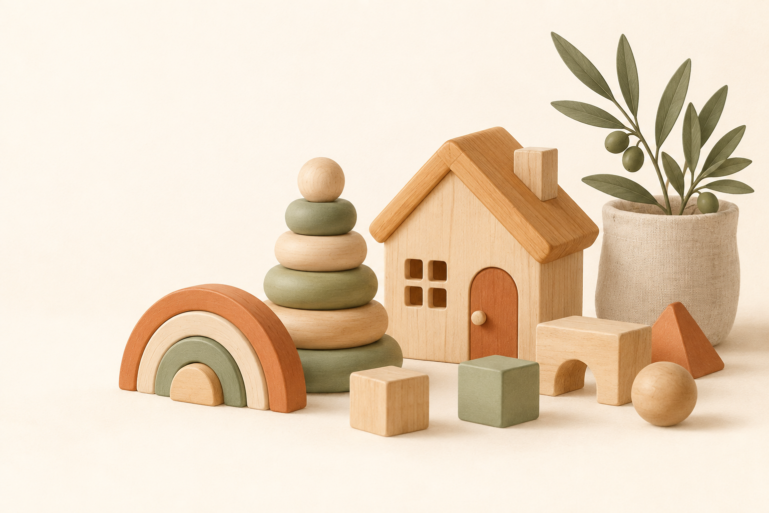 Ilustración de una casita, un arcoíris y juguetes de madera en tonos naturales