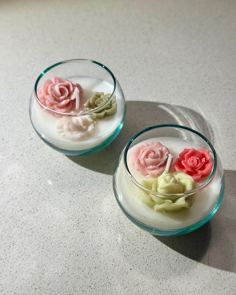 Velas Mini Jardín en envase de pecera con tres flores