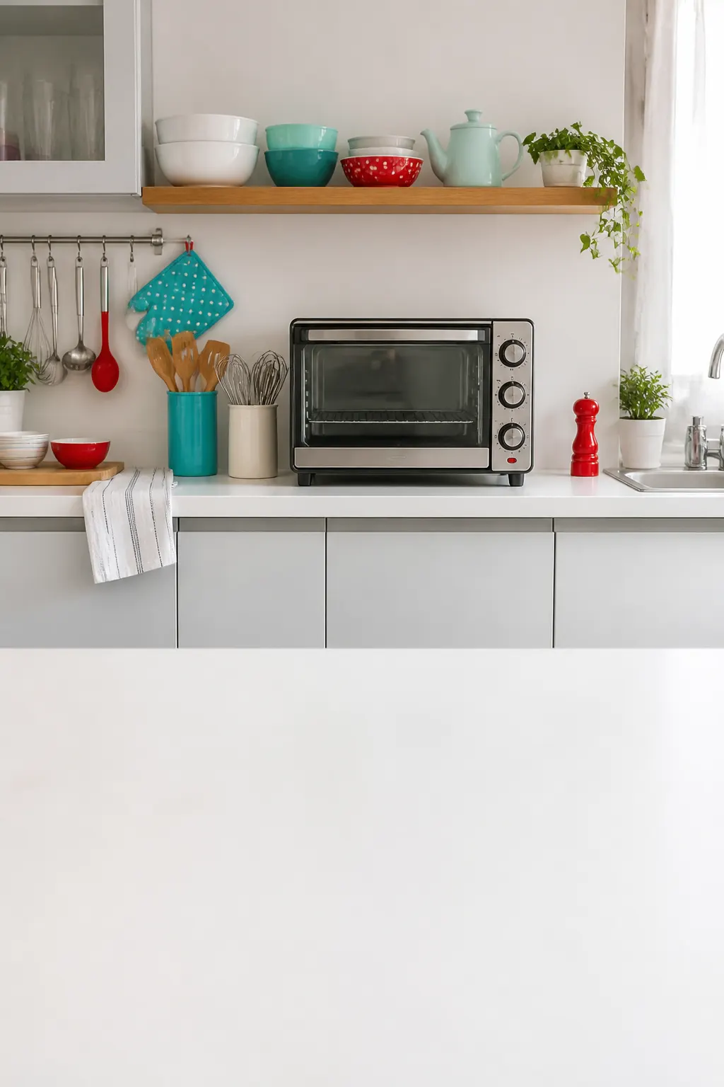 Cocina doméstica luminosa con horno eléctrico compacto y encimera ordenada.