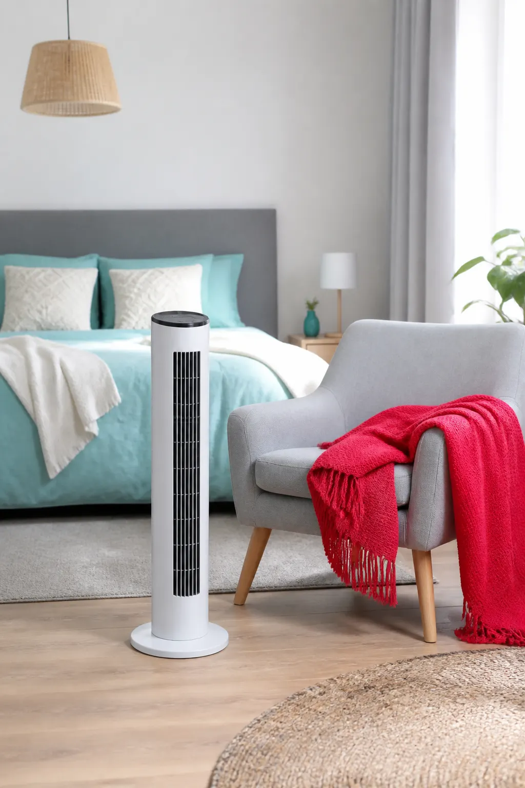 Espacio doméstico cómodo con ventilador de torre junto a un sillón y manta roja.