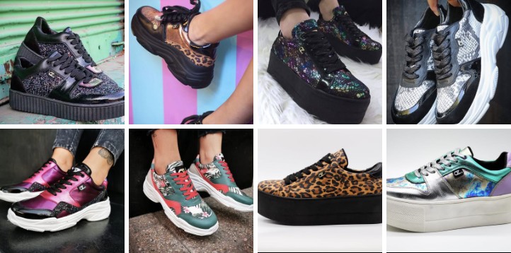 Ocho modelos de zapatillas OZ hechos entre 2008 y 2024: glitter, leopardo, holográfico, piel de serpiente y estampados